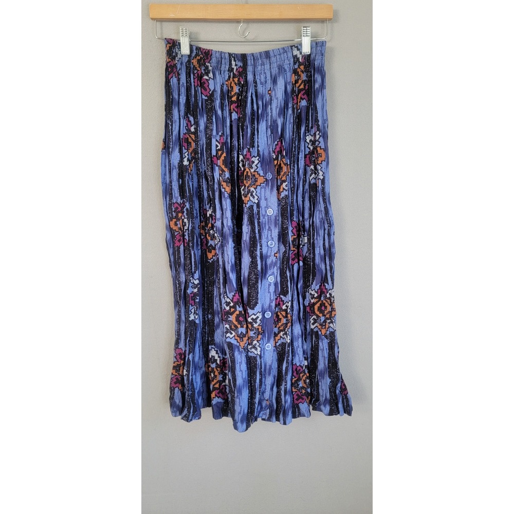 Vtg Midi Skirt Medium Blue Southwestern Geometric Button Pleated Rodeo Festival